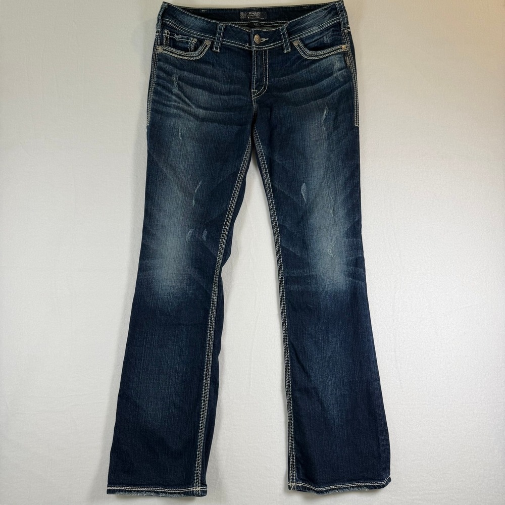 Silver Jeans Co Suki Mid Curvy Bootcut Jeans Dark Wash W33 L33 Distressed 33/33